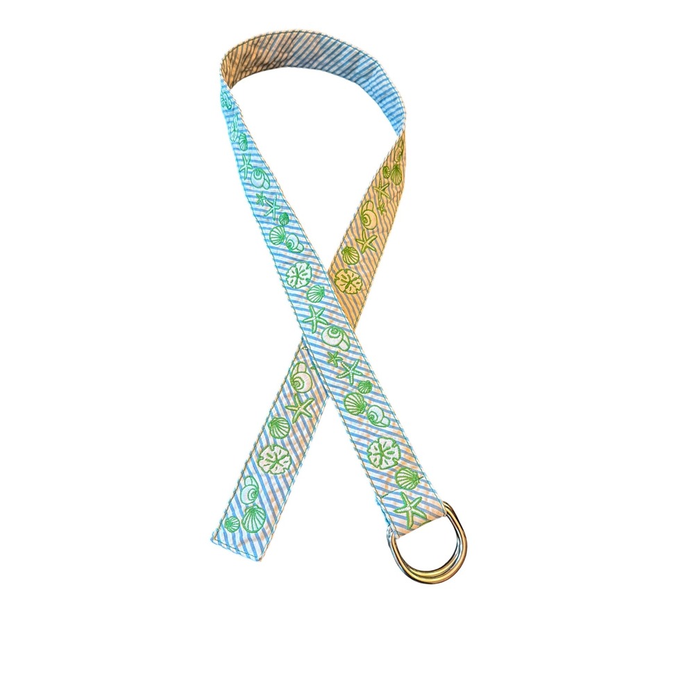 J.Crew Belt Blue Seersucker Shell Embroidered D-Ring Nautical Preppy S/M
